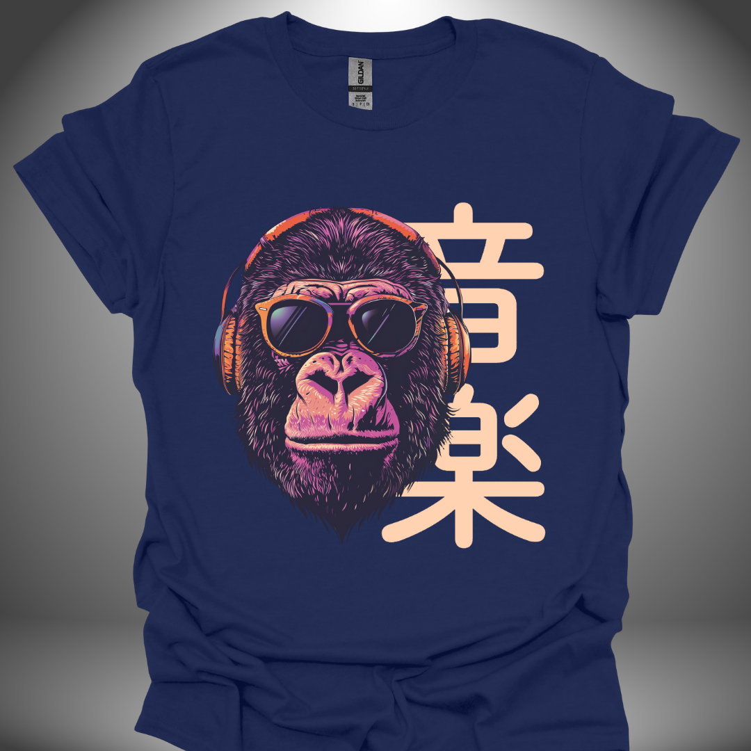 Unisex DJ T-shirt, 'Gorilla DJ' design in navy, front view