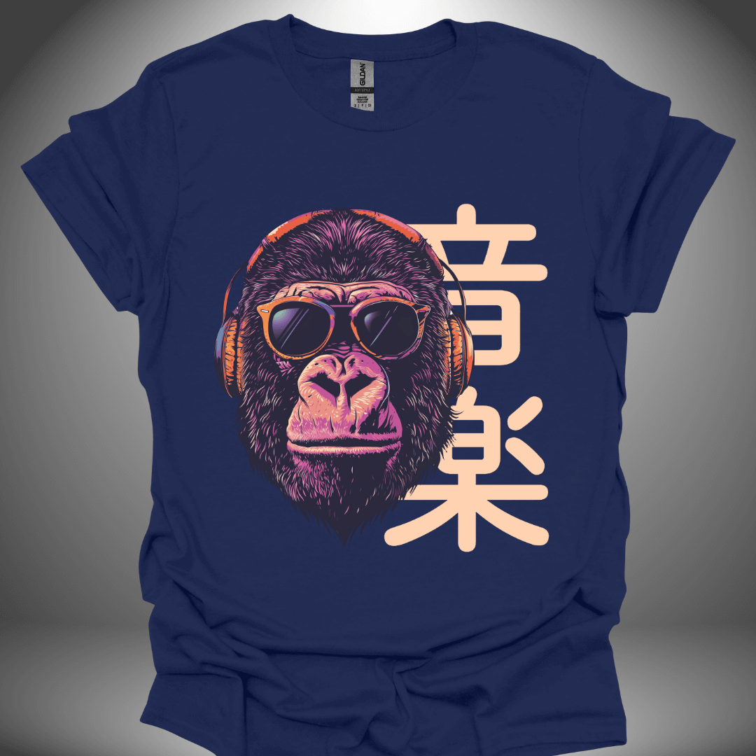 Unisex DJ T-shirt, 'Gorilla DJ' design in navy, front view