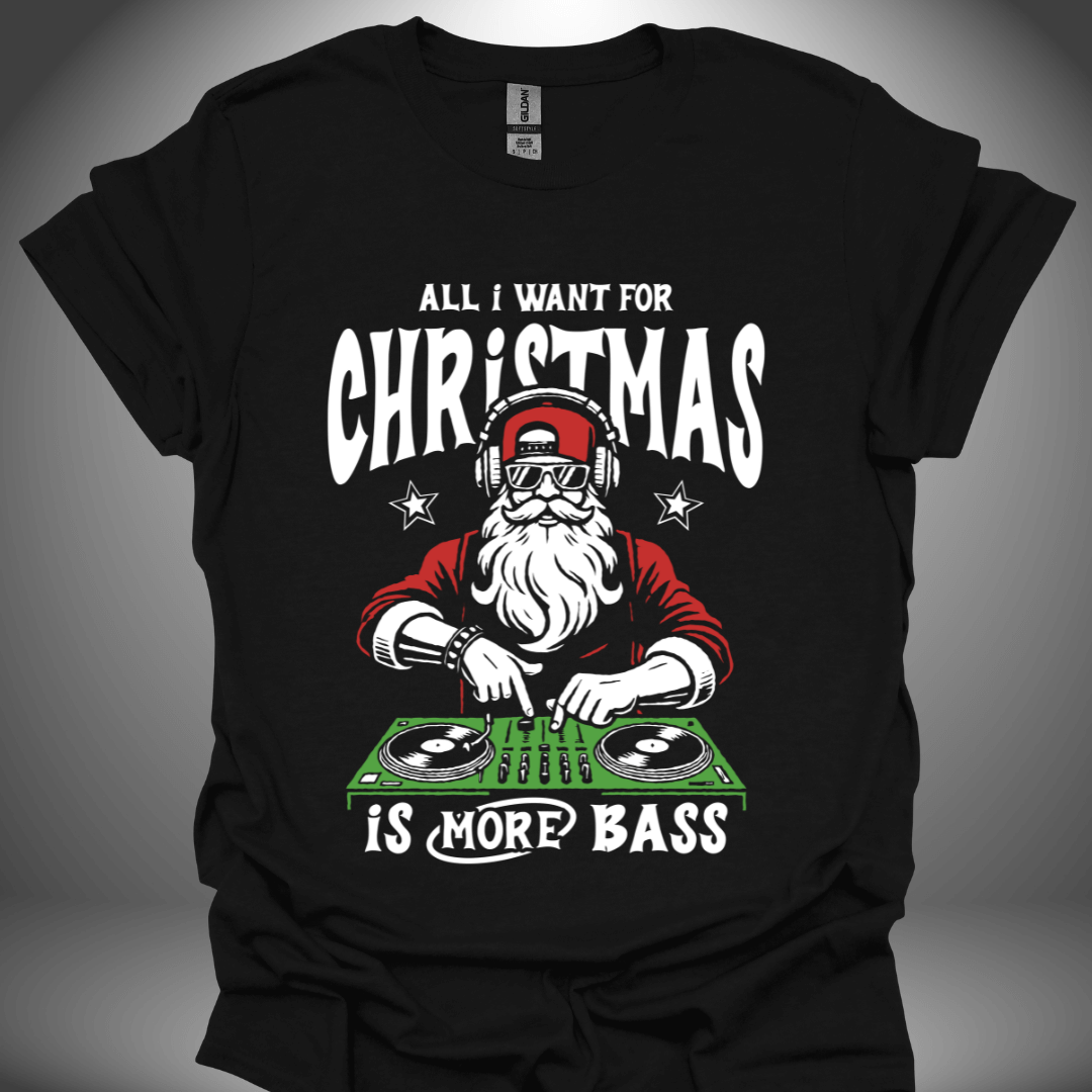 Christmas DJ T-shirt, 'More Bass For Christmas' design in black, front view