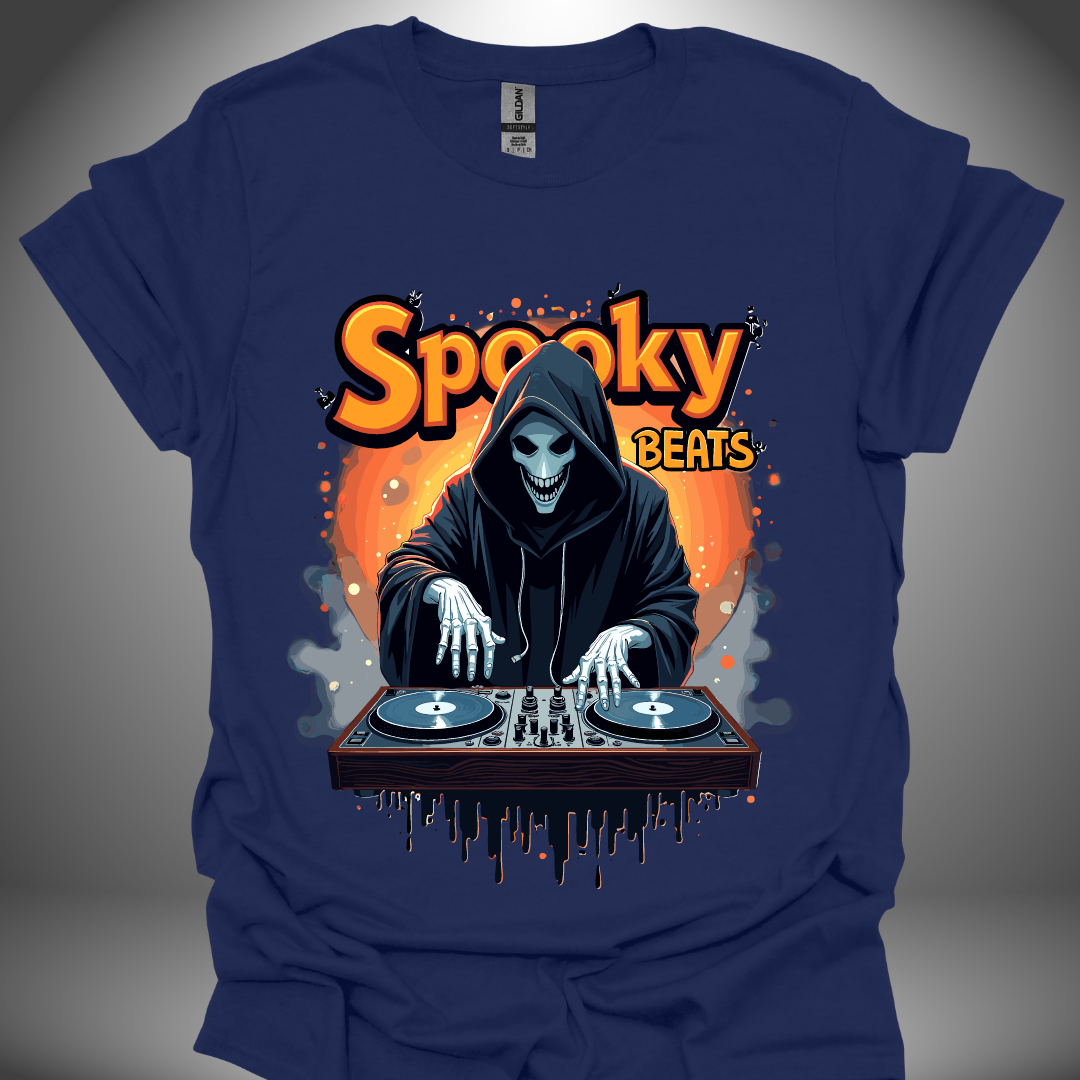 Halloween DJ T-shirt, 'Spooky Beats' design in navy, front view