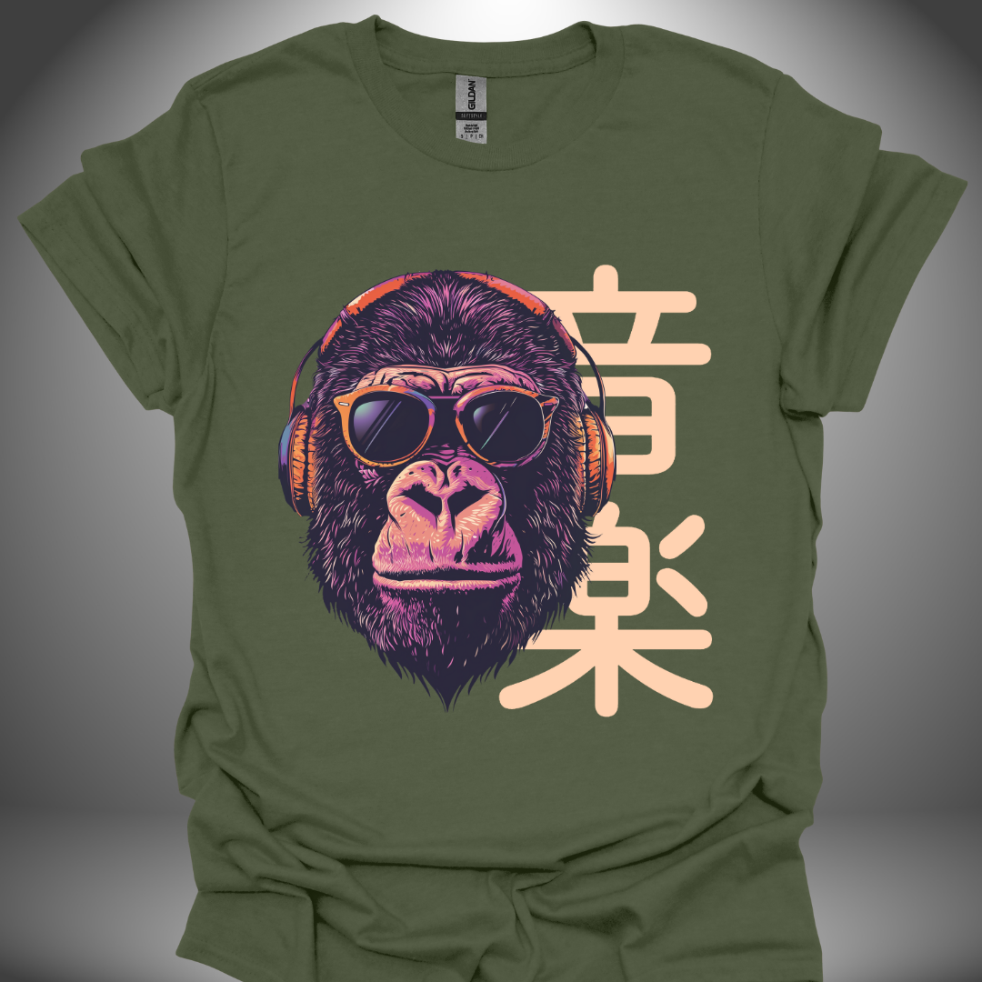 Unisex DJ T-shirt, 'Gorilla DJ' design in military green, front view