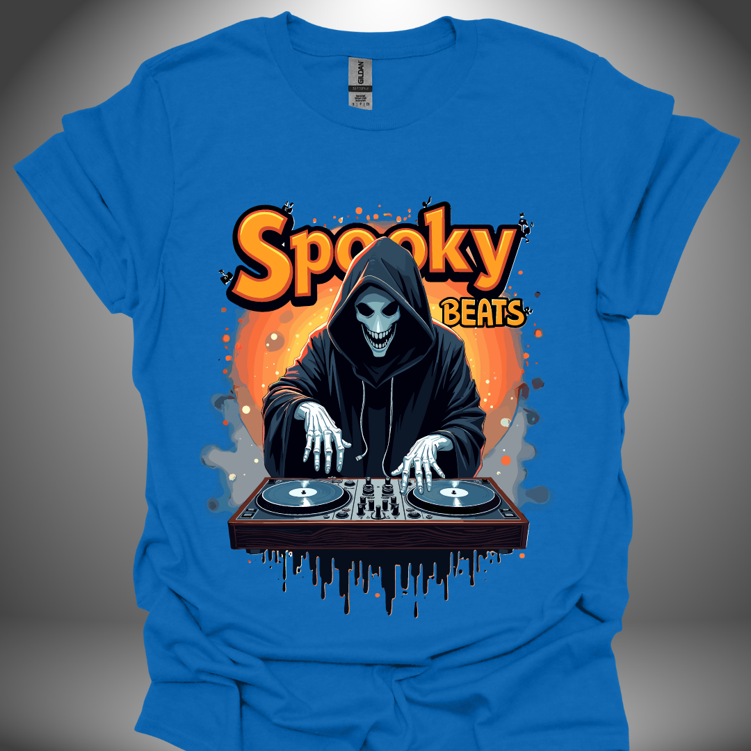 Halloween DJ T-shirt, 'Spooky Beats' design in royal blue, front view