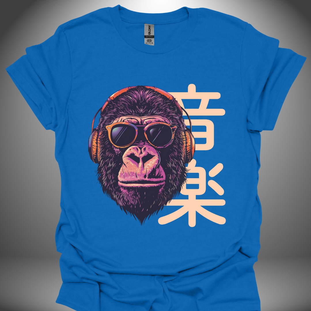 Unisex DJ T-shirt, 'Gorilla DJ' design in royal blue, front view