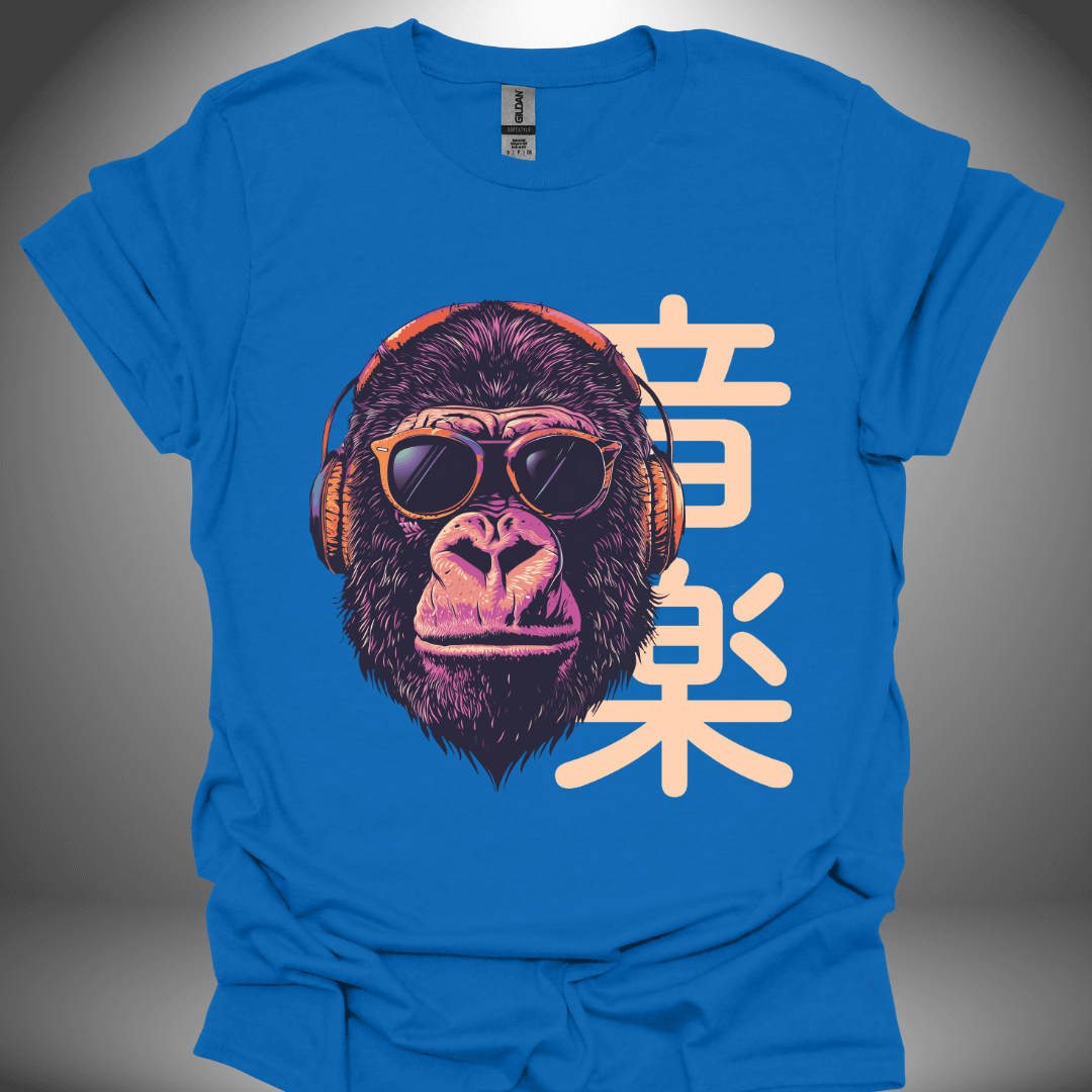 Unisex DJ T-shirt, 'Gorilla DJ' design in royal blue, front view