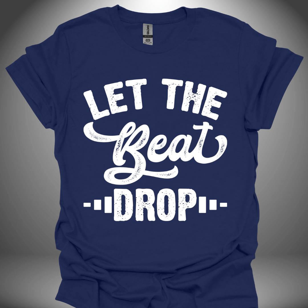 Unisex DJ T-shirt, 'Let The Beat Drop' design in navy, front view