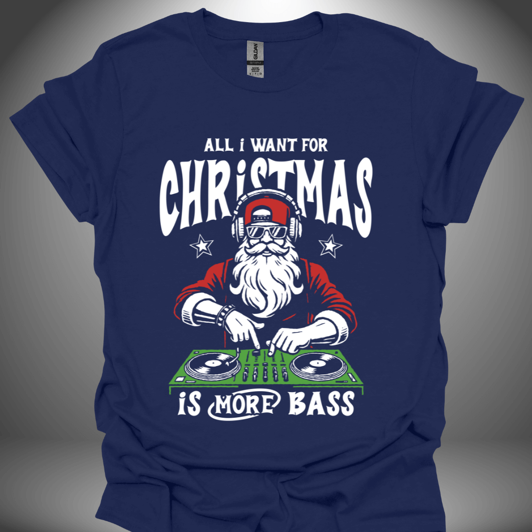 Christmas DJ T-shirt, 'More Bass For Christmas' design in navy, front view