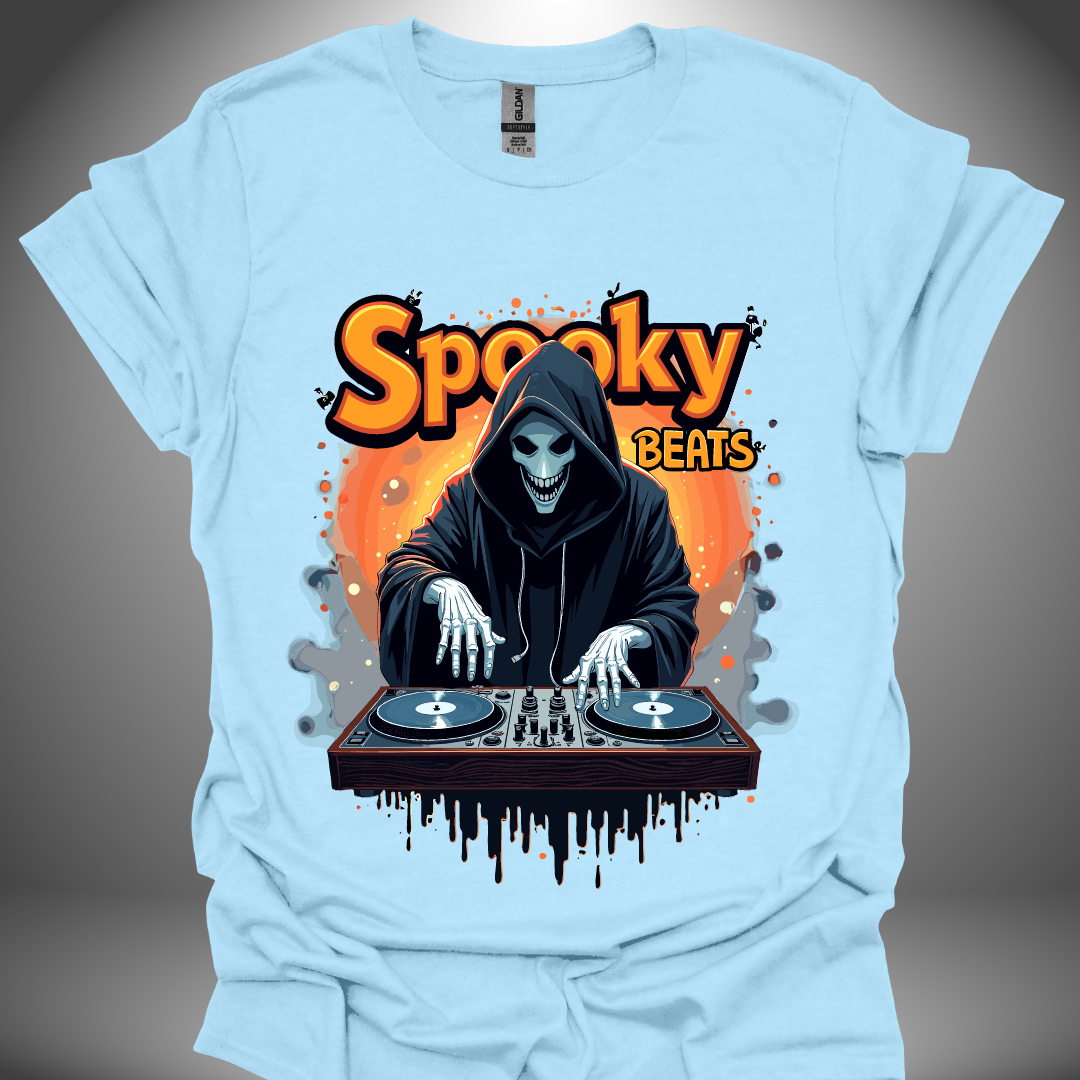 Halloween DJ T-shirt, 'Spooky Beats' design in light blue, front view