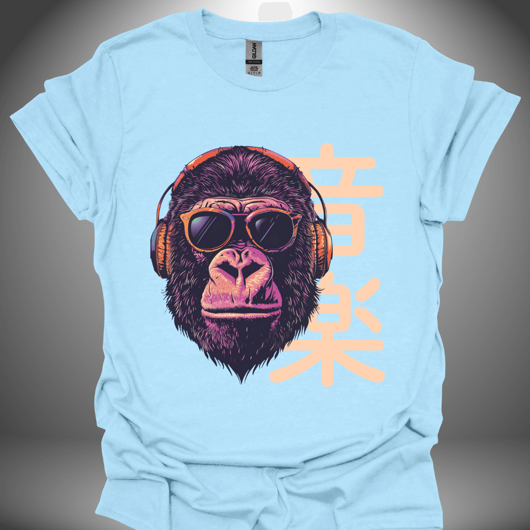 Unisex DJ T-shirt, 'Gorilla DJ' design in light blue, front view