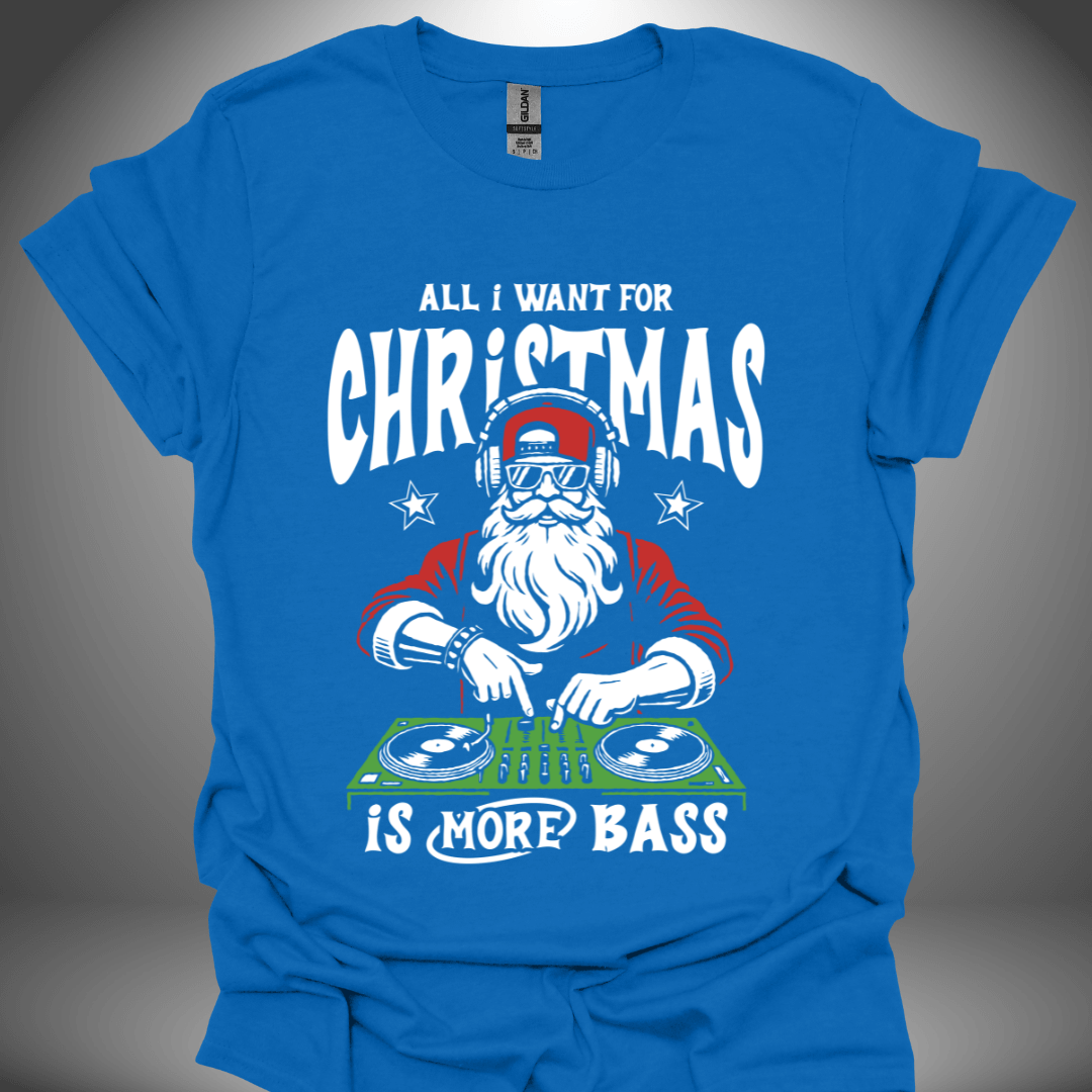 Christmas DJ T-shirt, 'More Bass For Christmas' design in royal blue, front view