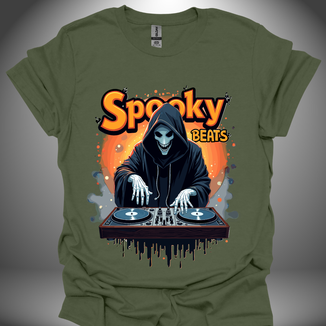 Halloween DJ T-shirt, 'Spooky Beats' design in military green, front view