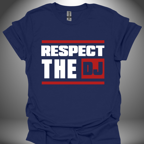 Unisex DJ T-shirt, 'Respect The DJ' design in navy, front view