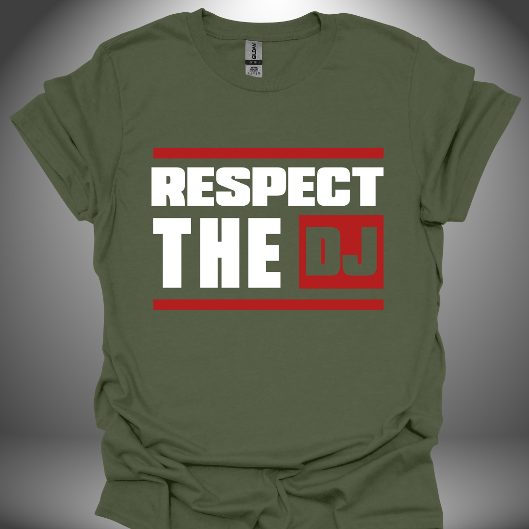 Unisex DJ T-shirt, 'Respect The DJ' design in military green, front view