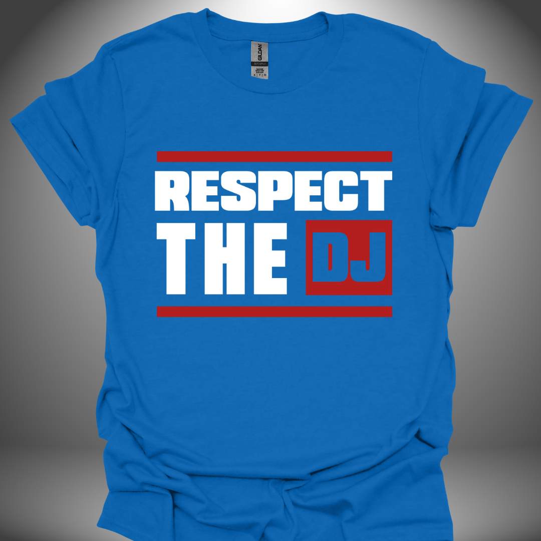 Unisex DJ T-shirt, 'Respect The DJ' design in royal blue, front view