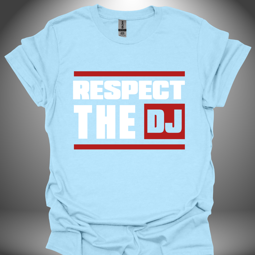 Unisex DJ T-shirt, 'Respect The DJ' design in light blue, front view