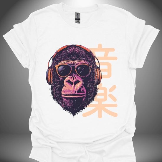 Unisex DJ T-shirt, 'Gorilla DJ' design in white, front view