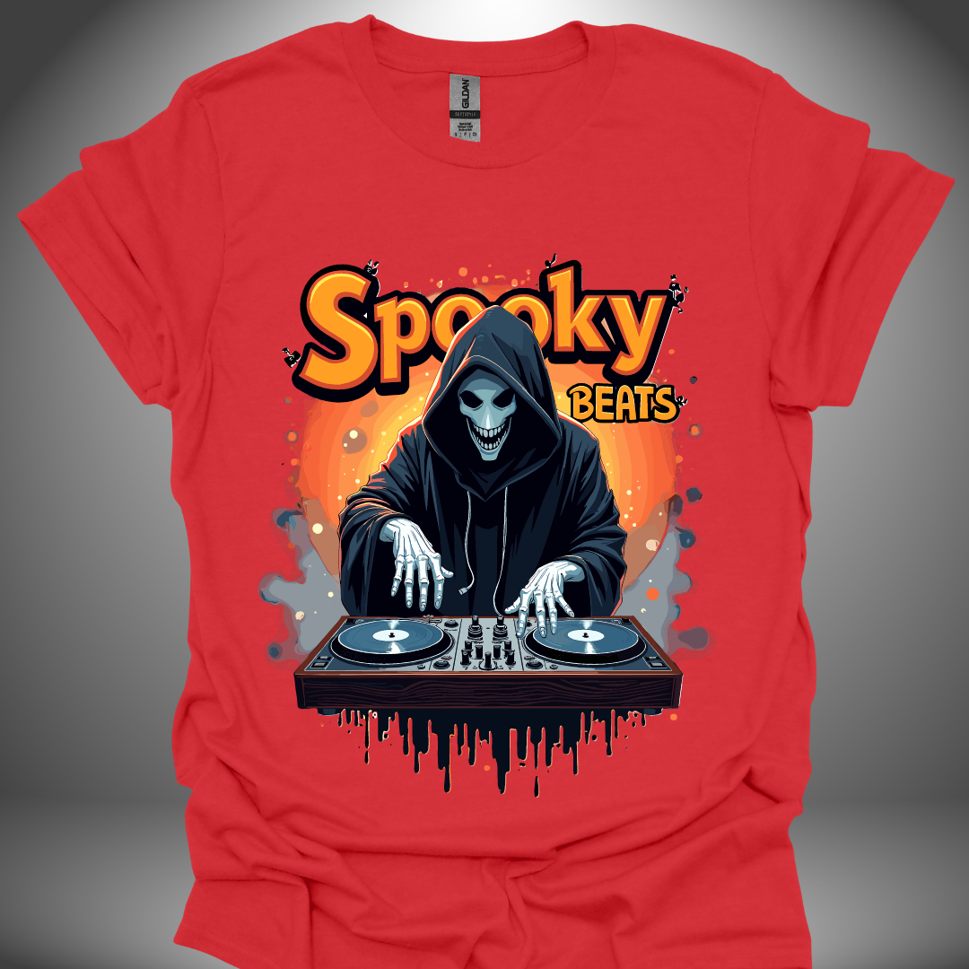 Halloween DJ T-shirt, 'Spooky Beats' design in red, front view