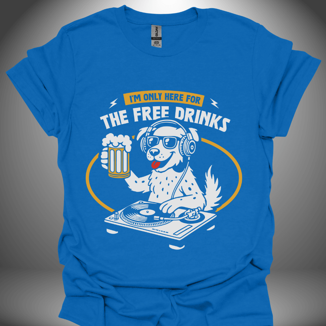 Funny DJ T-shirt, 'The Thirsty DJ' design in royal blue, front view