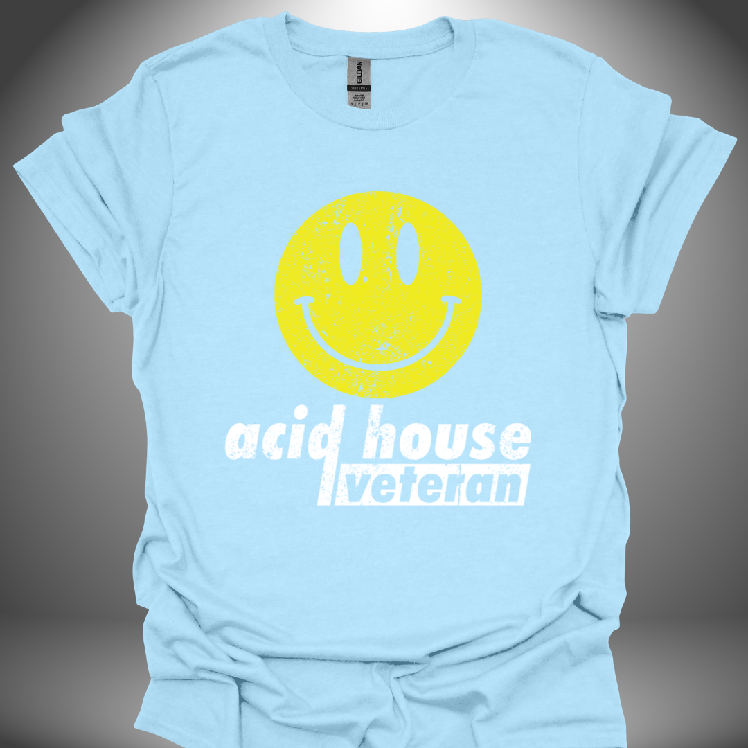 Unisex acid house T-shirt, 'Acid House Veteran' design in light blue, front view