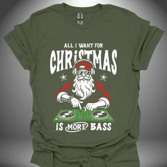 Christmas DJ T-shirt, 'More Bass For Christmas' design in military green, front view