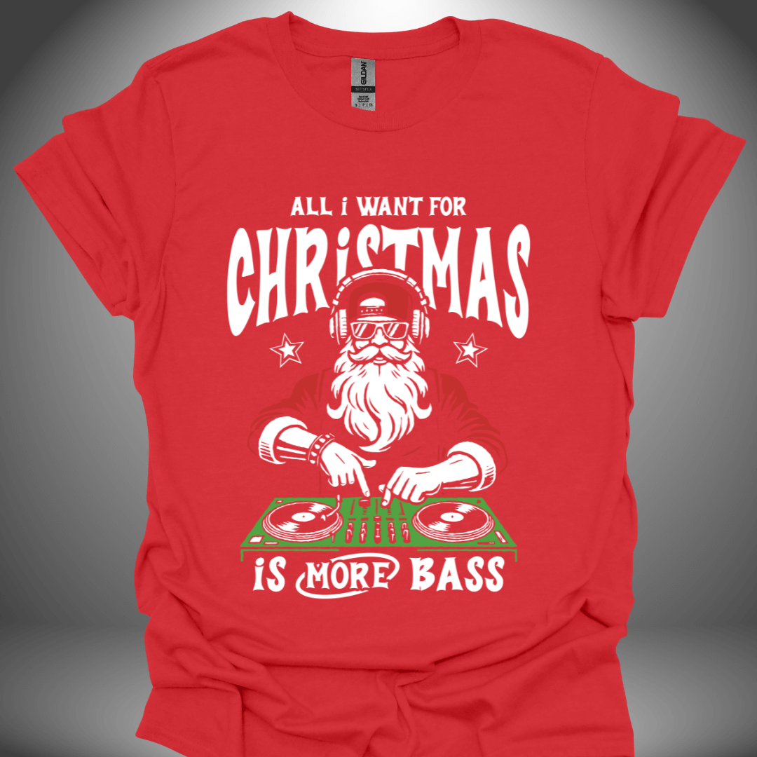 Christmas DJ T-shirt, 'More Bass For Christmas' design in red, front view