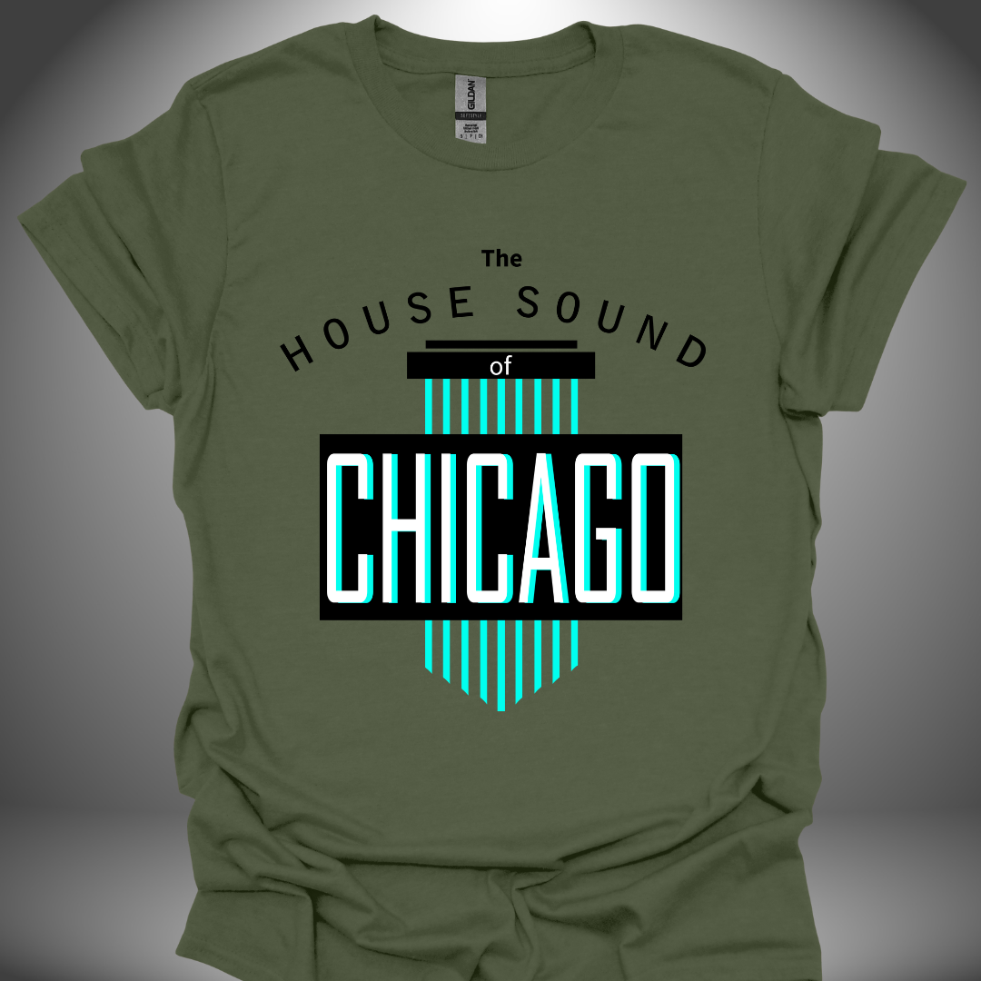 Unisex house music T-shirt, 'House Sound of Chicago' design in military green, front view