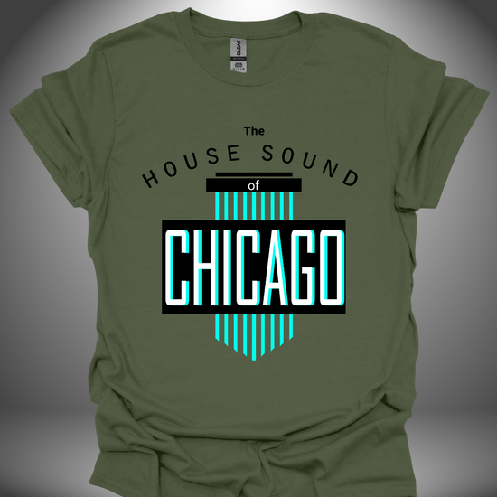 Unisex house music T-shirt, 'House Sound of Chicago' design in military green, front view