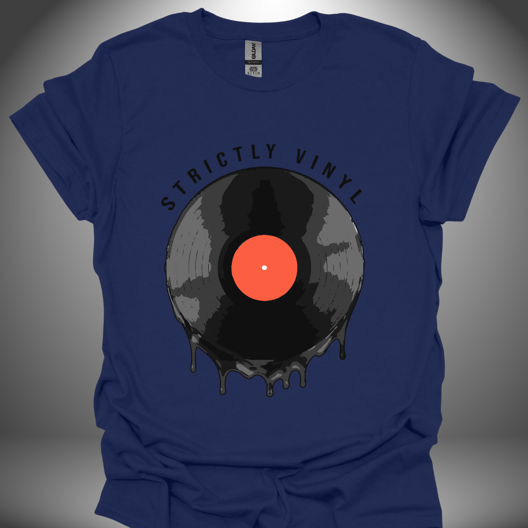 Vinyl enthusiast DJ T-shirt, 'Strictly Vinyl' design in navy, front view