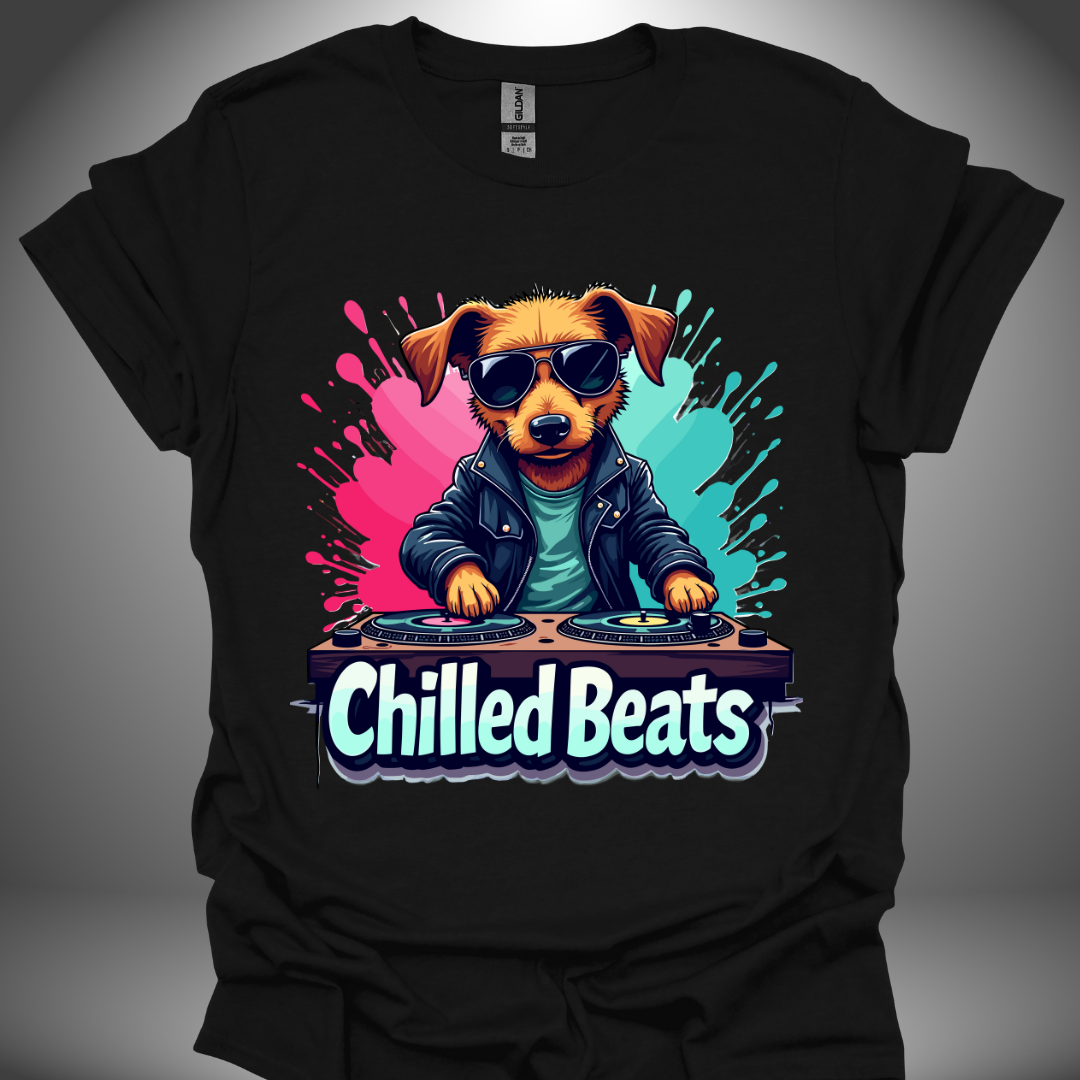 Unisex DJ T-shirt, 'Chilled Beats' dog design in black, front view