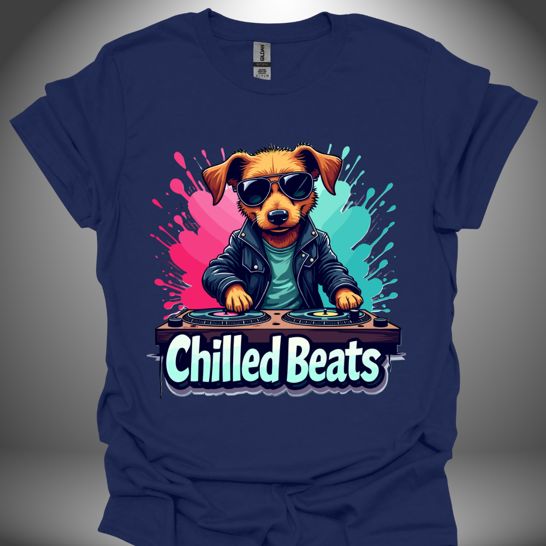 Unisex DJ T-shirt, 'Chilled Beats' dog design in navy, front view