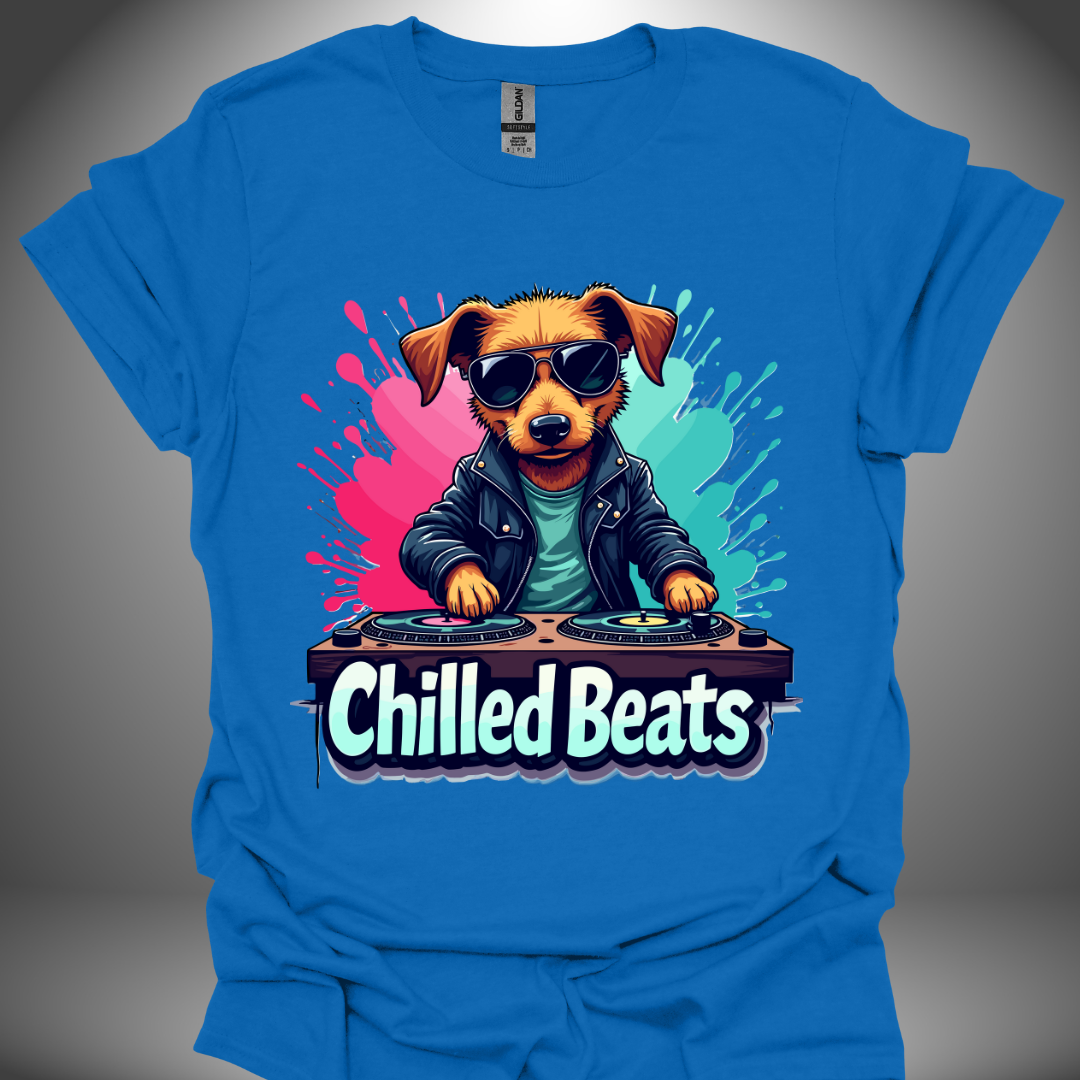 Unisex DJ T-shirt, 'Chilled Beats' dog design in royal blue, front view