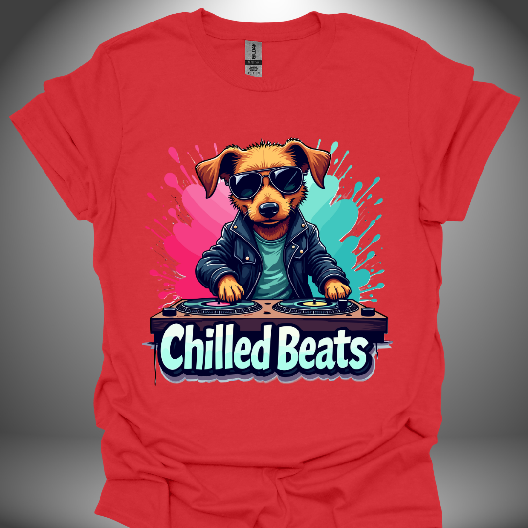 Unisex DJ T-shirt, 'Chilled Beats' dog design in red, front view