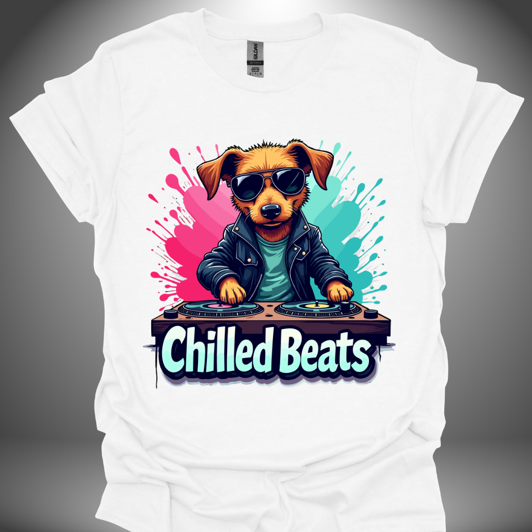 Unisex DJ T-shirt, 'Chilled Beats' dog design in white, front view