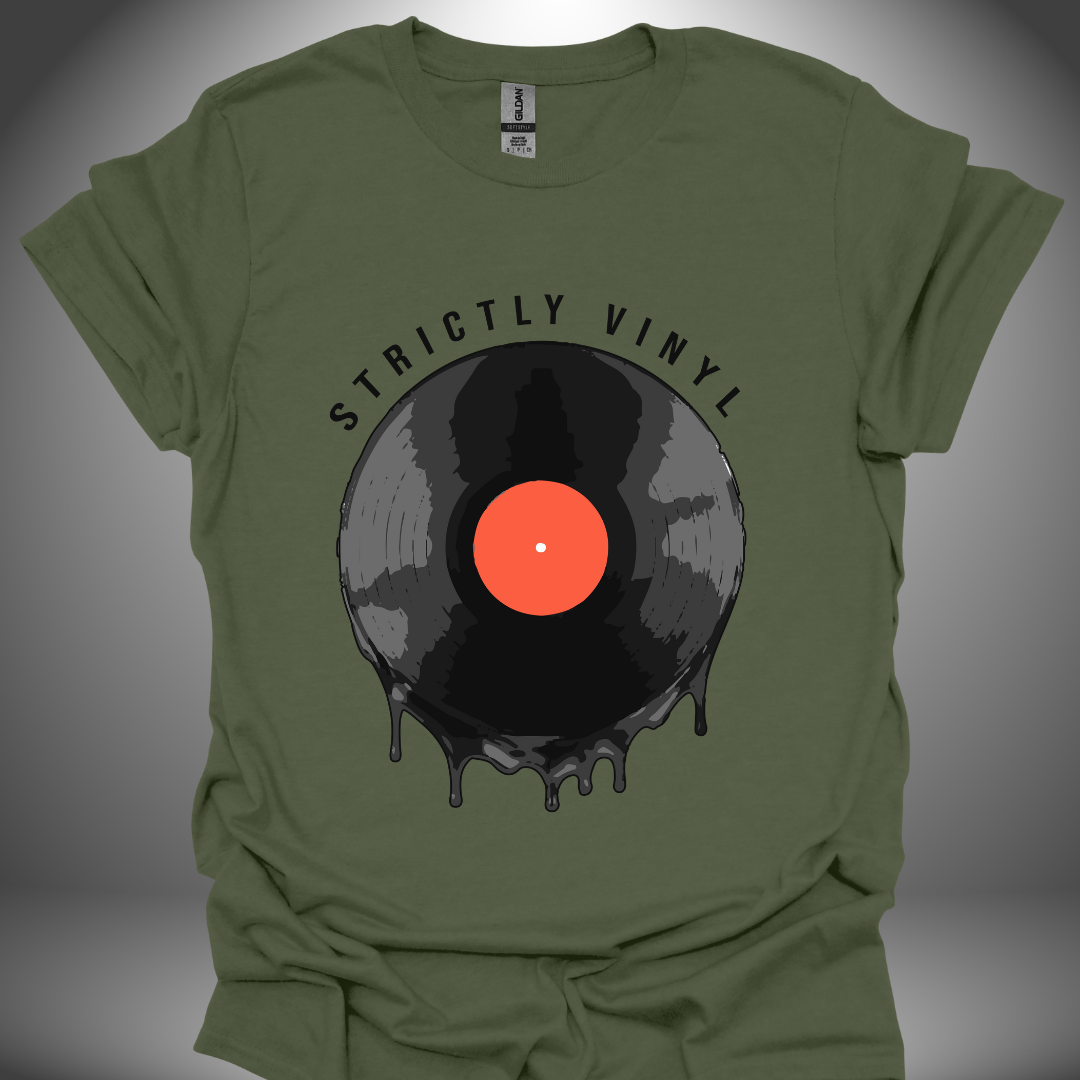 Vinyl enthusiast DJ T-shirt, 'Strictly Vinyl' design in military green, front view