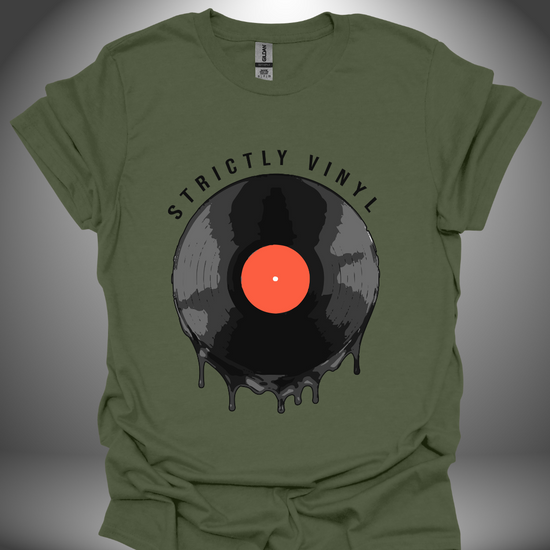 Vinyl enthusiast DJ T-shirt, 'Strictly Vinyl' design in military green, front view