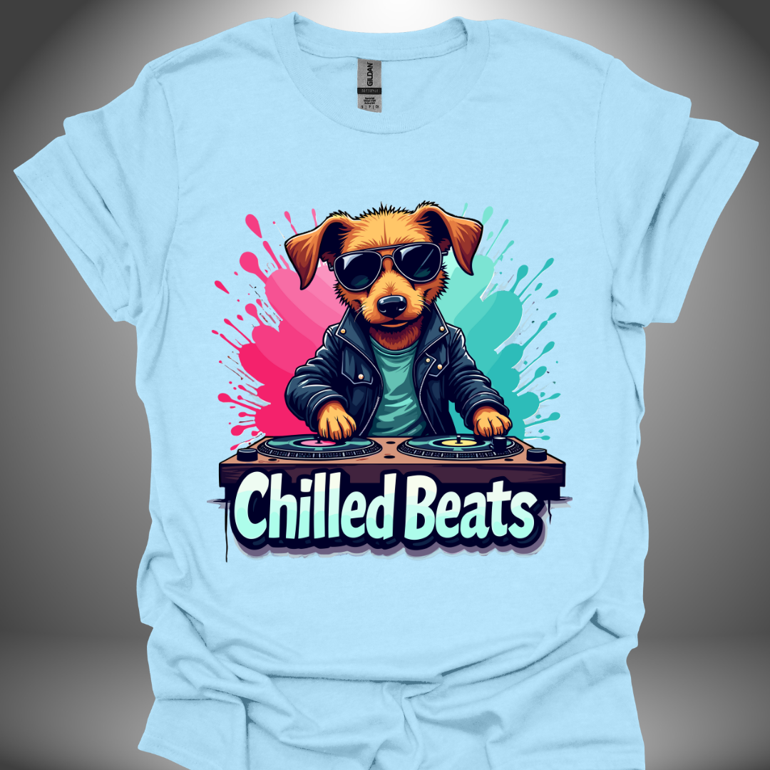 Unisex DJ T-shirt, 'Chilled Beats' dog design in light blue, front view