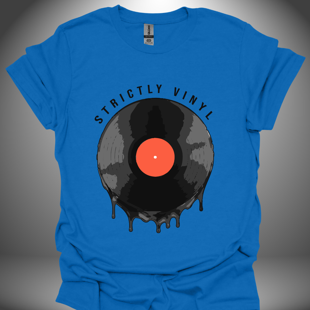 Vinyl enthusiast DJ T-shirt, 'Strictly Vinyl' design in royal blue, front view