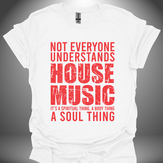 Unisex house music T-shirt, 'House Music Lover' design in white, front view