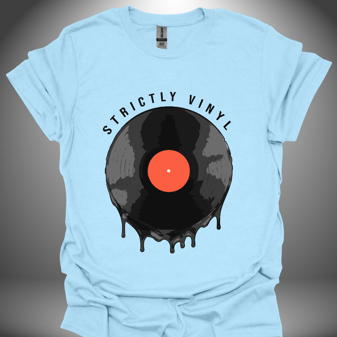 Vinyl enthusiast DJ T-shirt, 'Strictly Vinyl' design in light blue, front view