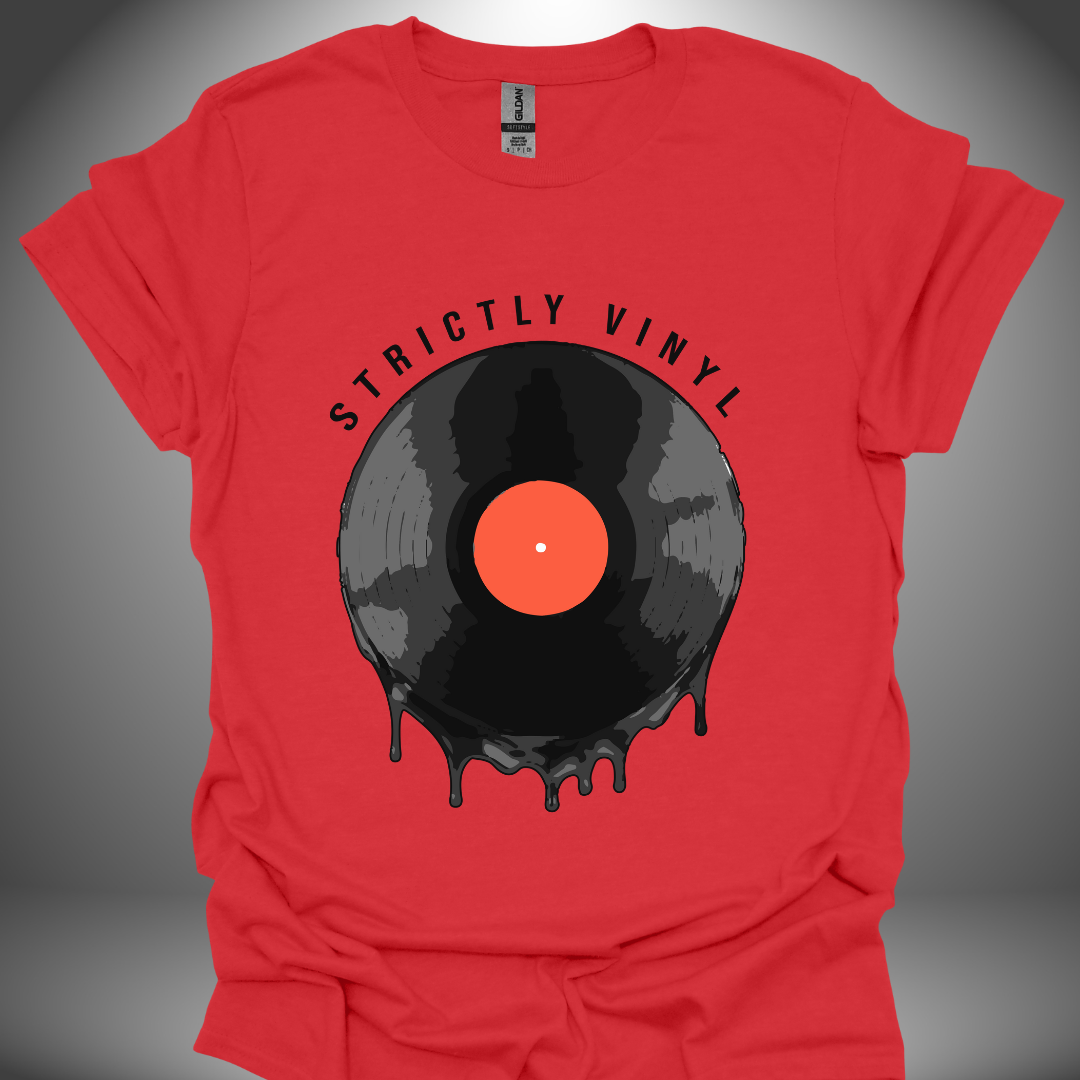 Vinyl enthusiast DJ T-shirt, 'Strictly Vinyl' design in red, front view