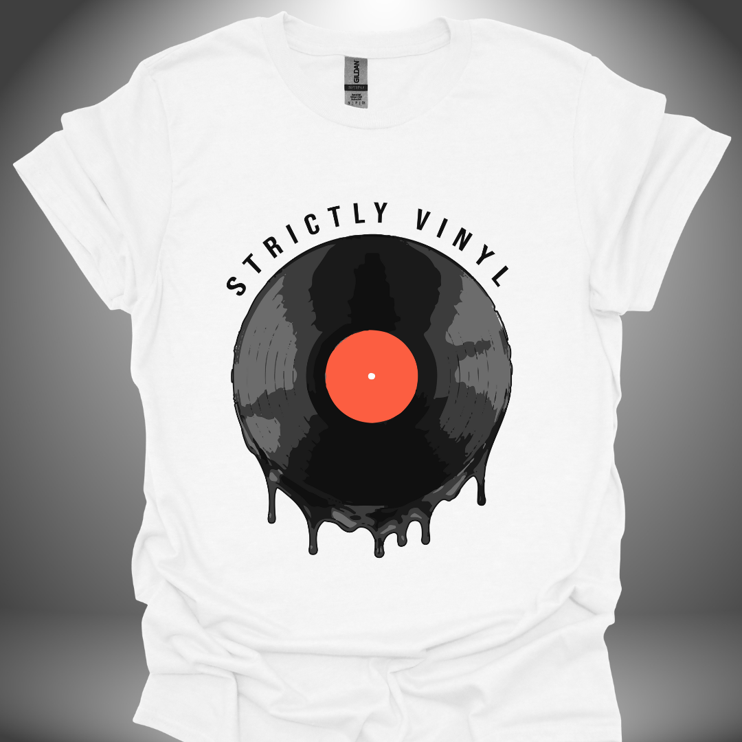 Vinyl enthusiast DJ T-shirt, 'Strictly Vinyl' design in white, front view