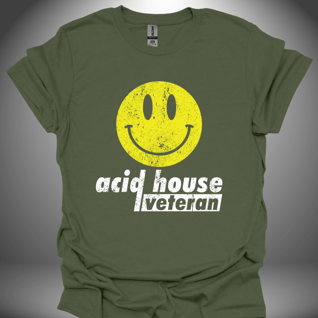 Unisex Acid House T-shirt 'Acid House Veteran' design in military green, front view