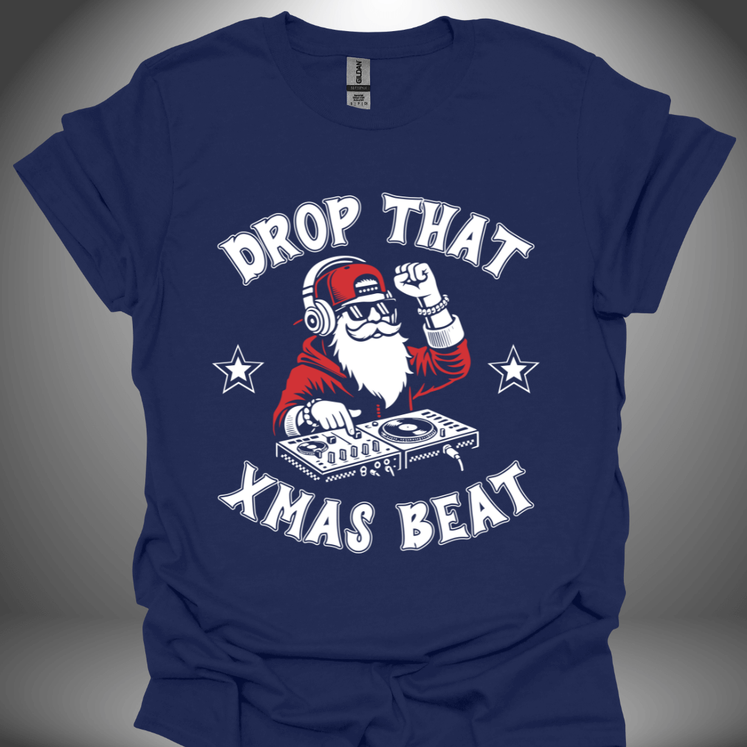 Christmas DJ T-shirt, 'Drop That Xmas Beat' design in navy, front view