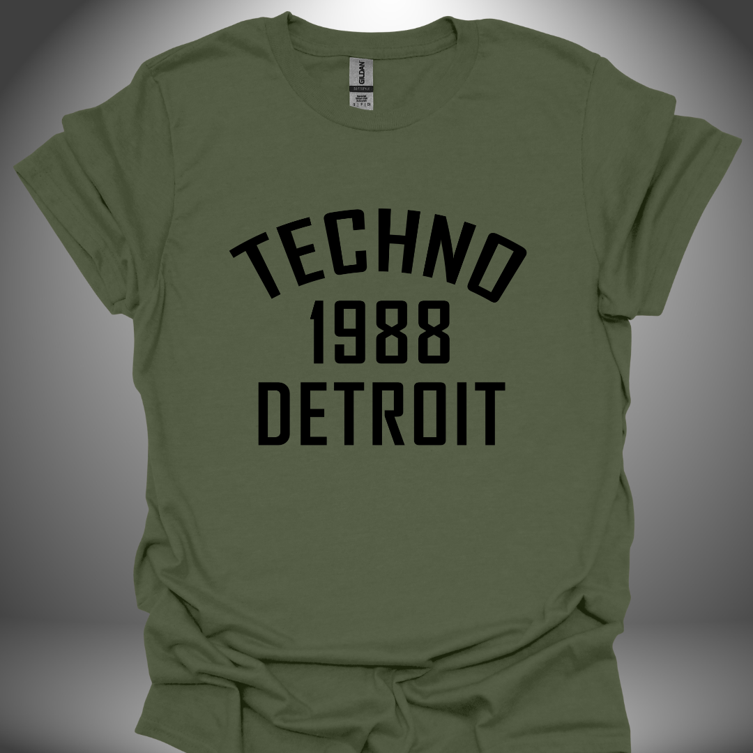 Detroit techno T-shirt, 'Detroit Techno 1988' design in military green, front view