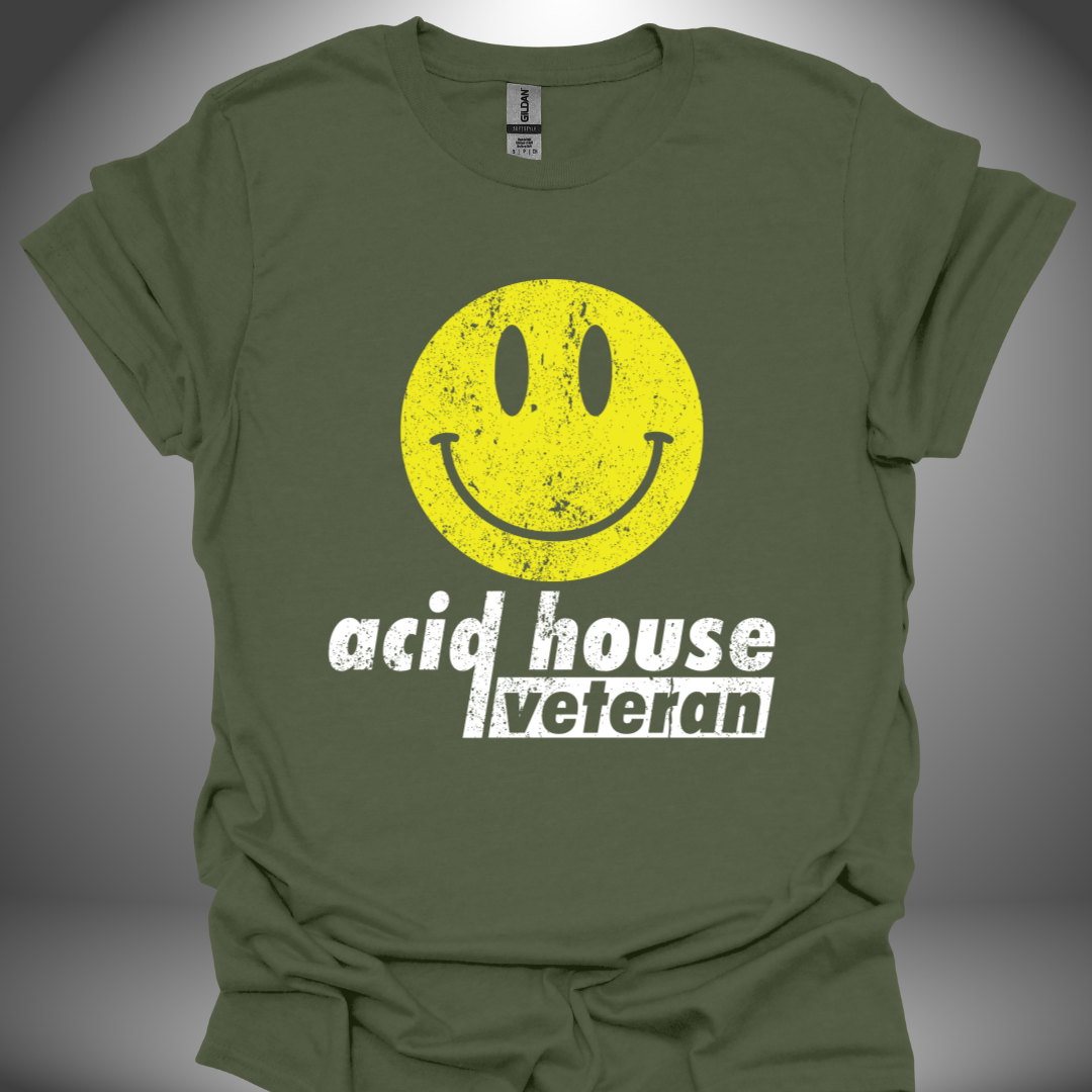 Unisex acid house T-shirt, 'Acid House Veteran' design in military green, front view