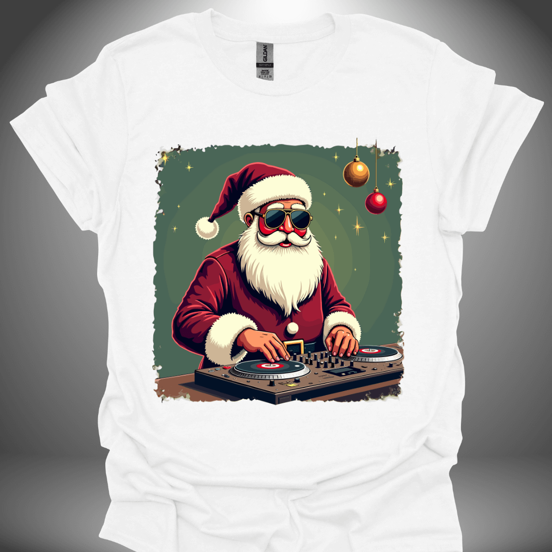 Christmas DJ T-shirt, 'Disco Claus' design in white, front view