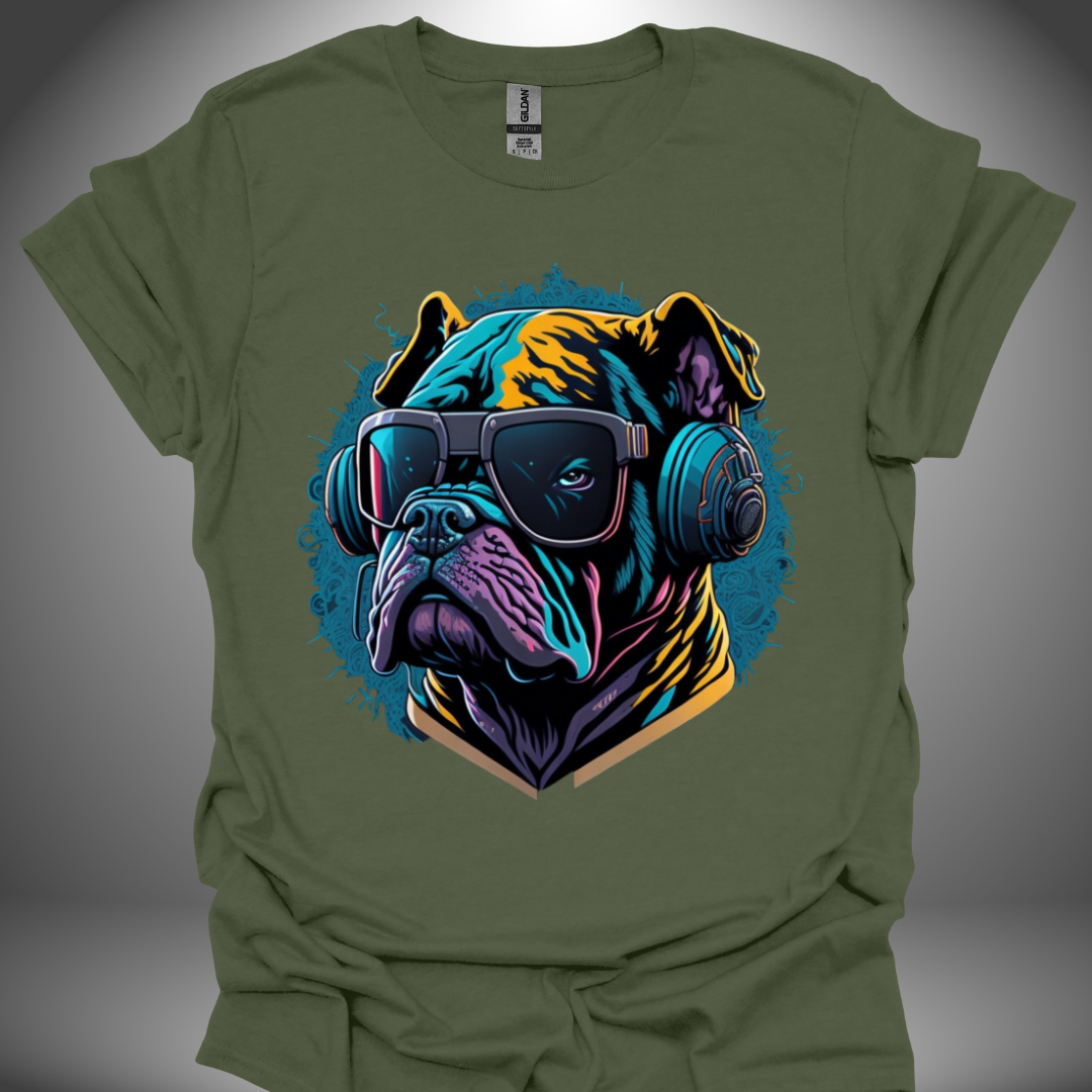 Unisex DJ T-shirt, 'Spin Master Pup' design in military green, front view