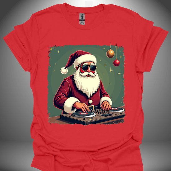 Christmas DJ T-shirt, 'Disco Claus' design in red, front view