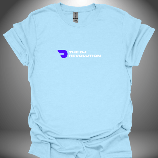 Unisex DJ T-shirt 'The DJ Revolution' design in light blue, front view