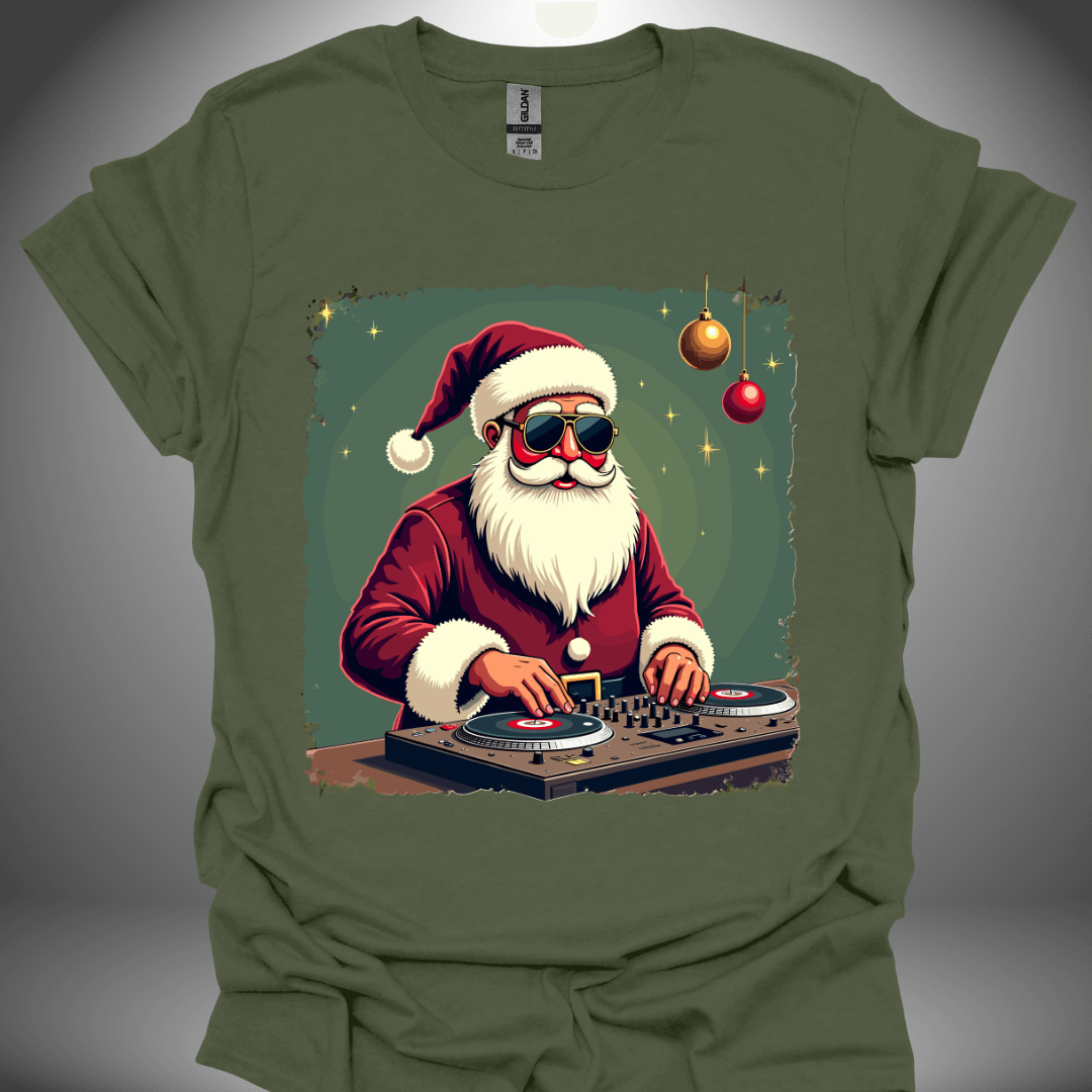 Christmas DJ T-shirt, 'Disco Claus' design in military green, front view