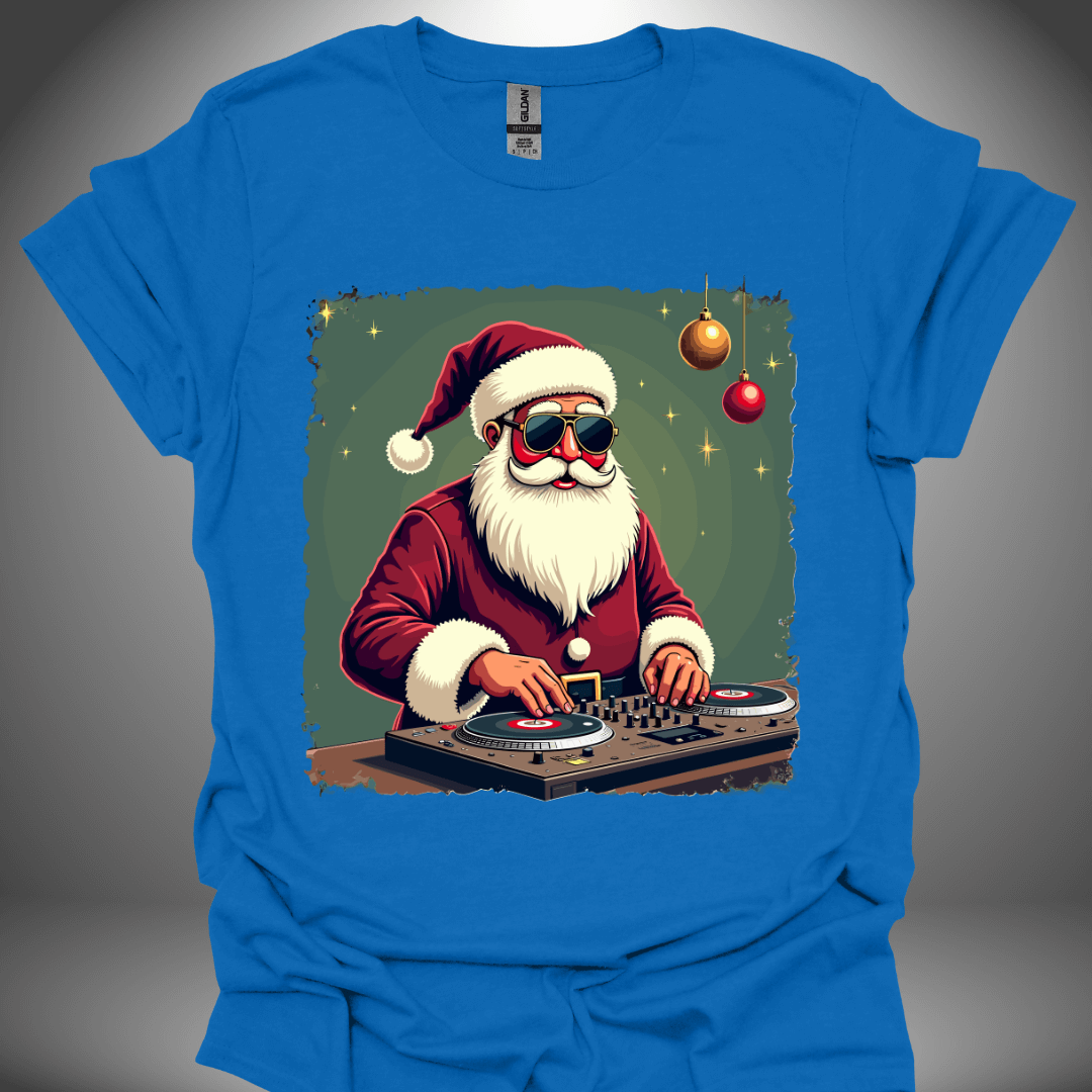 Christmas DJ T-shirt, 'Disco Claus' design in royal blue, front view